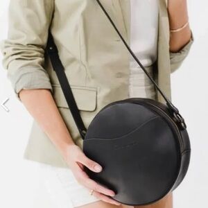 PORTLAND LEATHER GOODS Large 9” Circle Crossbody Bag, Black Pebbled Leather